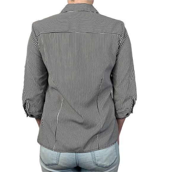 Notations Womens Black and White Striped Roll Tab Sleeve Button Shirt - Picture 3 of 7